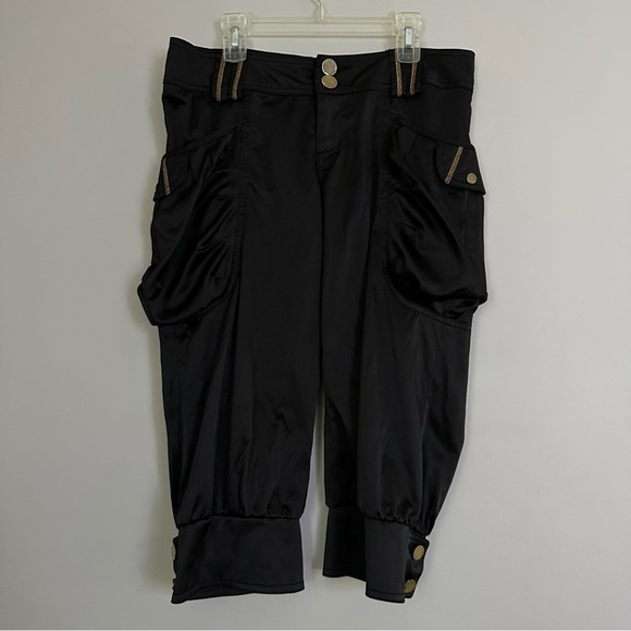 Joyce Leslie Black Cargo Jogger Capris with Gold Accents - Picture 1 of 9
